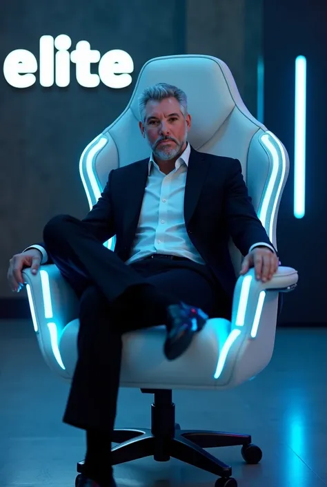 Handsome 50-year-old adult man   , PIEL BLANCA, big and strong, inviting,   seductive and arrogant posture   , short gray hair, medias negras,    black shoes,   wearing a white shirt,   black pants and a black suit ,   on a white gaming chair with blue LED...