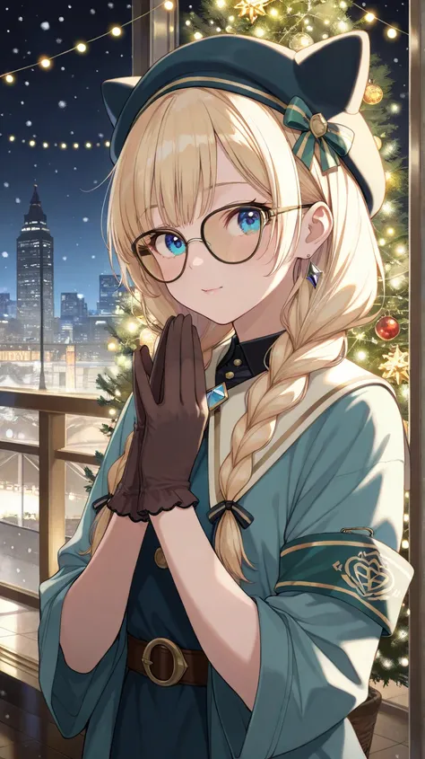 "(best quality, highres:1.2), ultra-detailed, realistic, A young woman named Kattmy with fair skin, bright blue eyes, and blonde hair styled in two braids. She wears a "cat-eared cap", an outfit in shades of blue and light blue, and gloves black. On her ar...