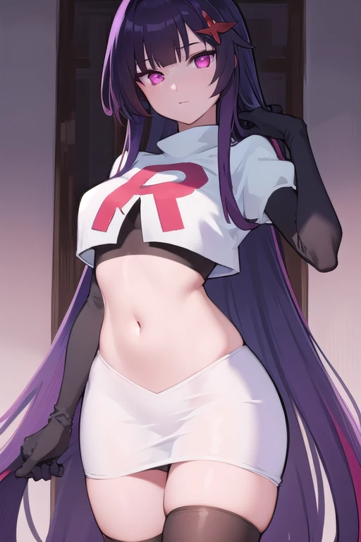 honkaisparkle, black hair, colored inner hair, glasses, hair intakes, hair ornament, hairclip, long hair, multicolored hair, (pink eyes:1.3), purple hair, straight hair, 
BREAK team rocket,team rocket uniform,white skirt,red letter R,crop top,black thigh-h...