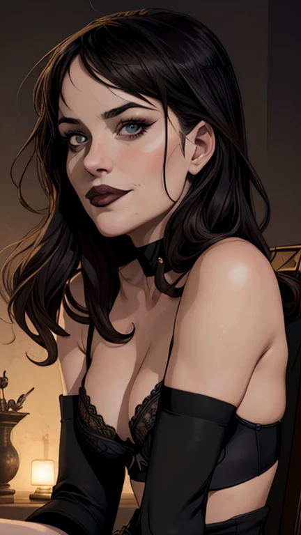 closeup of a woman in a black top and a black bra, estilo de arte de charlie bowater, Estilo Charlie Bowater, retrato de vampiro, arte do personagem charlie bowater, Alena Aenami e Artgerm, Neoartcore e Charlie Bowater, Charlie Bowater cores ricas e profun...