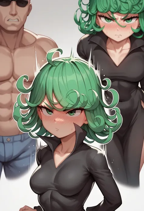 score_9, score_8_up, score_7_up, source_anime, best quality, clear face,Tatsumaki, green hair, green eyes, medium hair, large breasts, perfect body, looking at , cute serius,pissed,blush,wearing black dress,view ,big tit,hot,r,motion lines,motioon lines,st...