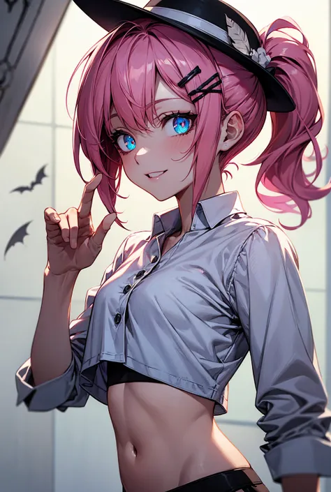  high res, masterpiece, top quality ,  Ultra Details, (  DETAILS EYES ), ( detailed face ),  1 girl, illustration,  pink hair, Blue Eyes,  Best Details , ( glowing eyes),  flat breasted ,  backlit, (midriff:1.4), light,  High Contrast ,  colorful ,room_Ido...