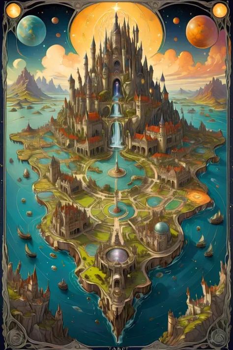 (((Patterned exquisite Tarot Card ))), map of a fantasy continent depicting cities