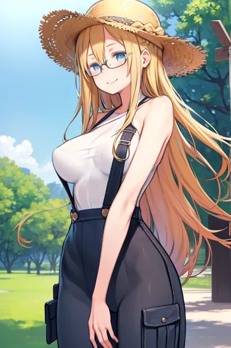  High Quality ,  Details, young girl in dungarees, garden, naked body, visible breasts, smile, sunny,  long hair, Big Breasts,  Saggy Breasts 、 blond hair、 braided 、Glasses、 Straw Hat 、 blue eyes、 upper body、Thigh Gap、Angle from the front、slouch、Thigh Gap、