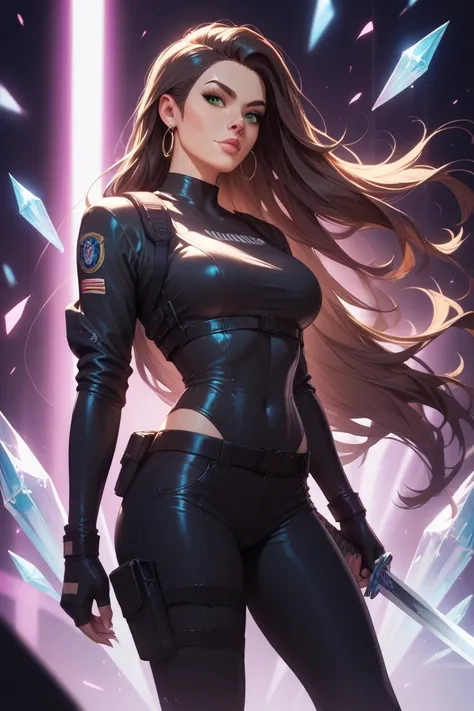  a female killer ,  with green eyes ,  very long straight hair , dark brown color, Wear black tactical urban clothing ,  style with a crystal sword in her hand that stands out.  In concert art and arcane 
