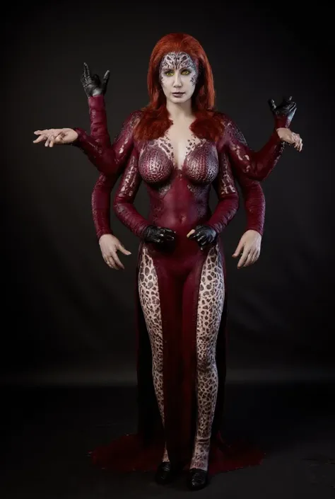 Fusion of Mystique and Scarlet Witch,red hair,auburn hair,long hair,clear face,white face, white skin, white skin with faint blue sheen, left eye green,right eye yellow, wearing outfit, deep blood red outfit,outfit with swirling green and purple patterns,f...