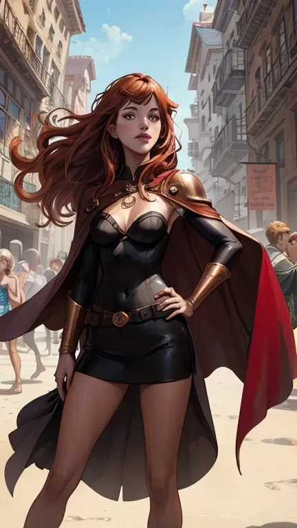 a woman with long red hair and a cape is standing in front of a crowd, beautiful character painting, in the art style of bowater, inspired by Magali Villeneuve, charlie bowater character art, charlie bowater art style, neoartcore and charlie bowater, style...