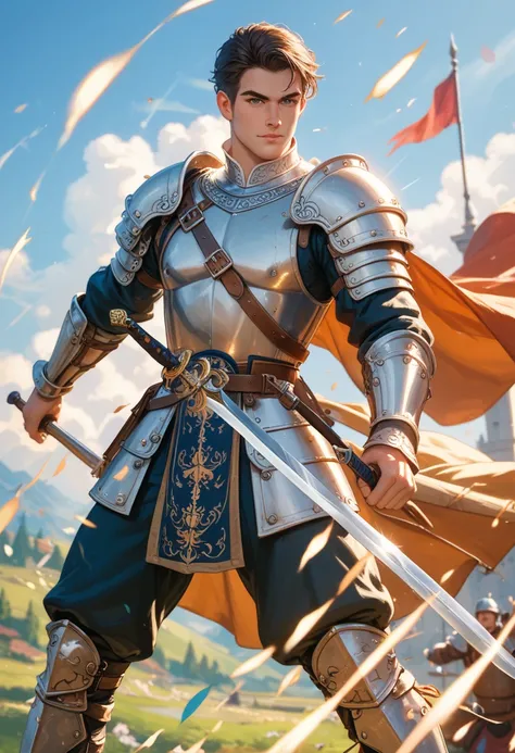  Create the image of an adult male warrior in a medieval fantasy setting ,  highlighting the fighting style One Weapon Combatant .  The warrior wields a long sword or sabre with a precise and determined posture ,  while your other hand is relaxed or restin...