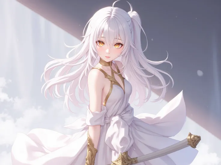  White Long Hair Anime Girl Dressed in White,  yellow eyes, With a sword., Impathetic Jenshin Style 