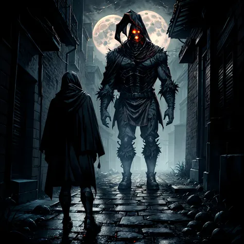 An eerie, shadowy creature in a tattered red cloak, standing menacingly in a dark alley at night. The creatures silhouette is shrouded in darkness, with sharp, jagged details on its form. It holds a large, rusted, weathered bell in one hand, the bell promi...