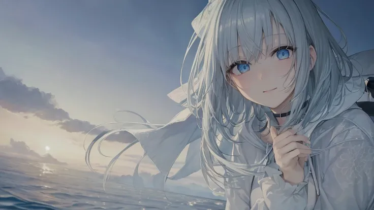  white hoodie 、 black shirt 、Ultra HD, Watch viewers with a beautiful sunset in the background , and, 20 years old, 非常に short hair,  long bangs between eyes, Pale blue eyes,  very detailed,(masterpiece、 top quality ),Gray Hair、Laughter、 amazing on the beac...