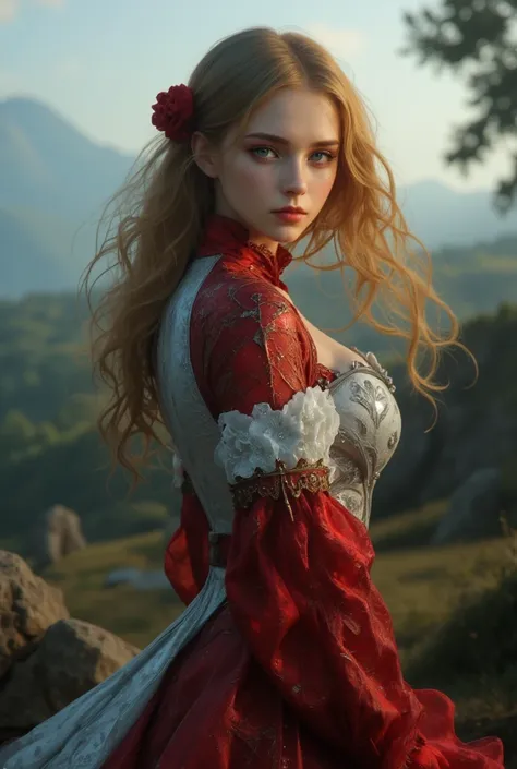 I need an image of a blond maiden

sexy

with clothes in red and pearl gray