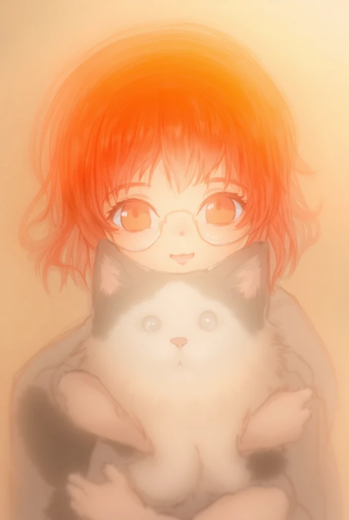 Anime style drawing of a white girl , with orange hair, glasses,  hugging a cat with black and white colors, That she has a little more hair 