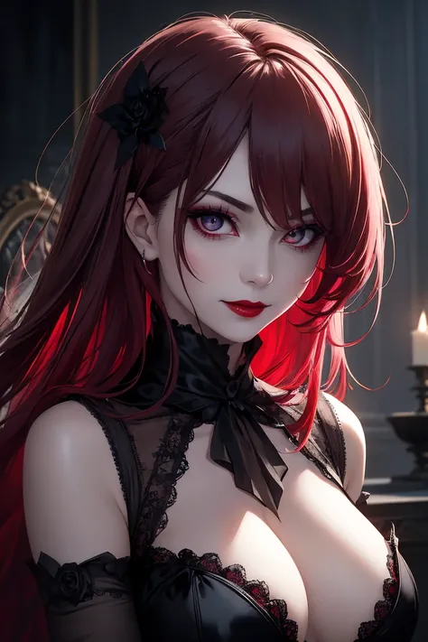 ((Smiling with a seductive expression:1)), (8k,  top quality , masterpiece: 1.2), ( realistic,  realistic: 1.37), Very detailed, Moon Night, an arafed woman in a red dress, a female vampire, a beautiful female vampire, a beautiful vampire female queen, a b...