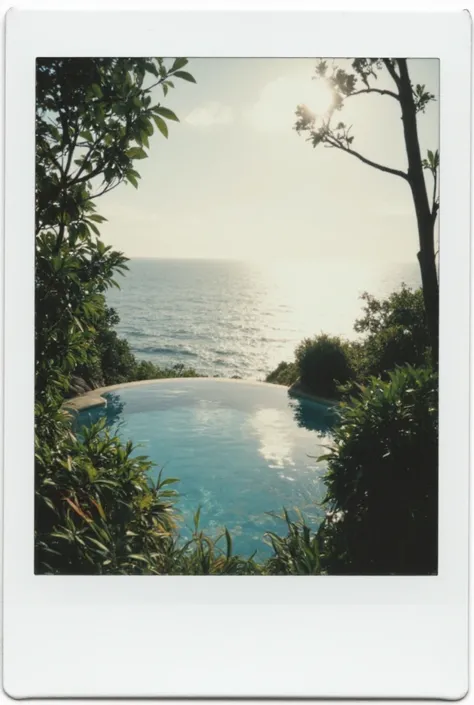 polaroid photo of a paradise pool in the crystal ocean at dawn, real photography, overexposed