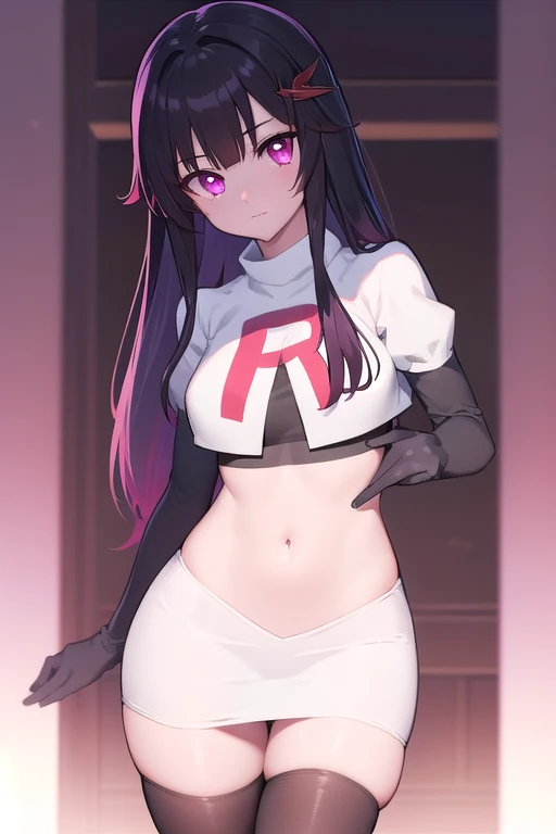 honkaisparkle, black hair, colored inner hair, glasses, hair intakes, hair ornament, hairclip, long hair, multicolored hair, (pink eyes:1.3), purple hair, straight hair,
BREAK team rocket,team rocket uniform,white skirt,red letter R,crop top,black thigh-hi...