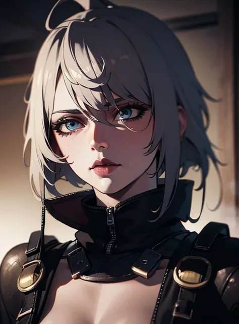 1girl, short white hair, beautiful detailed eyes, beautiful detailed lips, extremely detailed face, black mechanic jumpsuit, simple background, cyberpunk, futuristic, sci-fi, (best quality,4k,8k,highres,masterpiece:1.2),ultra-detailed,(realistic,photoreali...