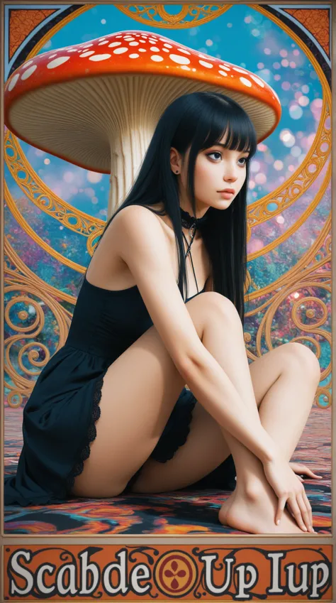 Asian teen, goth girl, black hair, dark eyes, bare shoulders,sitting on a giant mushroom,art nouveau,psychedelic anime style,colorful,trippy,(best quality, 4k, 8k, highres, masterpiece:1.2), ultra-detailed, realistic, photorealistic, photo-realistic:1.37),...