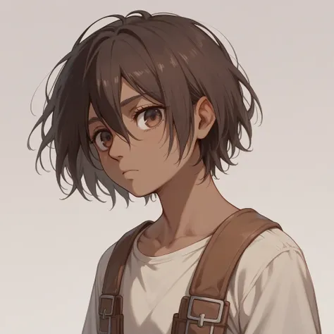 A young girl with dark brown wavy and short shoulder length hair,  brown eyes,  brown skin. In the style of the anime Shingeki no Kyojin 