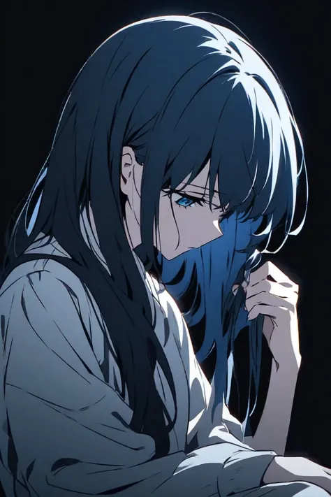  Make me the image of a seated person touching her hair with both hands. The character must have an anime style ,  with a dark blue background and a background that represents loneliness ,  artistic isolation and depression .