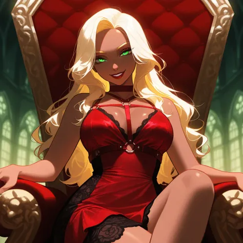  OC, female, semi realism, dark tanned skin, red lips, blonde eyebrows, perfect face, long wavy light Ashe blonde hair with bang,  half-closed Green eyes, evil smile, red glamorous, sweet aesthetic, harness and lace mystic dress, mystic luminescent, sexy, ...