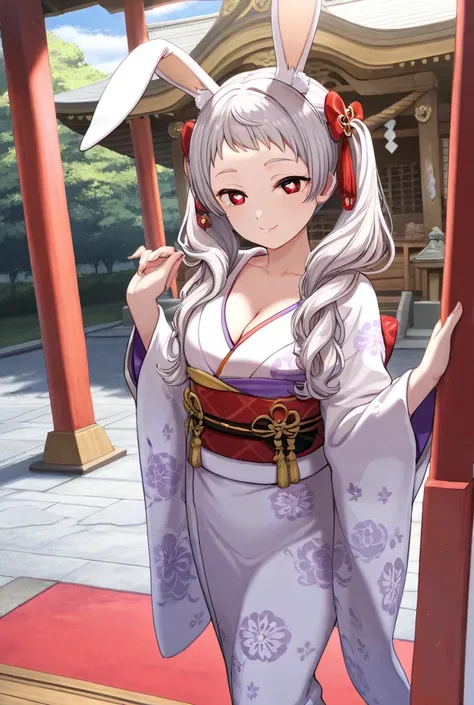 (masterpiece,best quality,ultra detailed,:1.2),CG,a beautiful and Japanese rabbits ears girl,Silky hair,glossy silver hair,Side Pigtails,short bangs,Sexy eyes,round eyes,twinking Red eyes,Seductive smile,Standing,{{large breasts}},breasts aparted,glamorous...