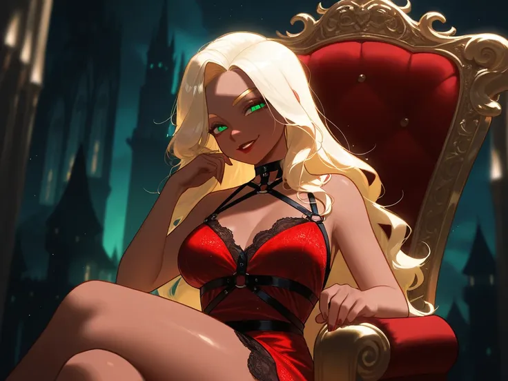  OC, female, semi realism, dark tanned skin, red lips, blonde eyebrows, perfect face, long wavy light Ashe blonde hair with bang,  half-closed Green eyes, evil smile, red glamorous, sweet aesthetic, harness and lace mystic dress, mystic luminescent, sexy, ...