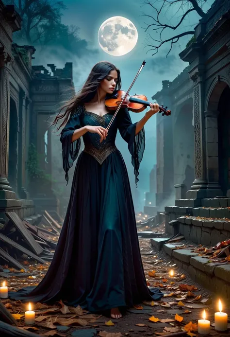 (una imagen beautiful, Intricate and highly detailed) A witch playing a violin  (In the ruins of forgotten war cities) [Moderate: Illustration or painting], ( dramatic lighting ,  bright colors), ( best quality,  High resolution,  quality), ( , Amazing杰作:1...