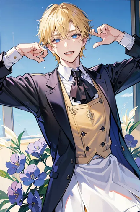 Blonde young man、blue eyess、Black Waiter Vest、laugh face、Soio