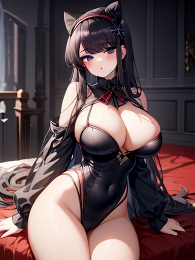  masterpiece , limelight, Cute black-haired girl hairband,   angelic face,  blue eyes, full and red lips,  perfect detailed dark face makeup and slender body huge and heavy bust , with long legs, NSFW Dark Castle Room, 8k resolution wallpaper Fucking 