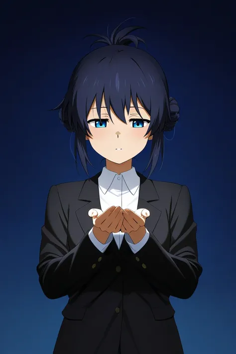  Make me the image of a seated person touching her hair with both hands. The character must have an anime style ,  with a dark blue background and a background that represents loneliness ,  artistic isolation and depression .