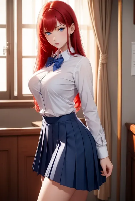    a beautiful girl,   red hair ,   Blue eyes  ,     bright eyes  , camisa blanca, pleated skirt, blue bowtie , school uniform, sexy legs , closed lips    ,    long hair,    High resolution, breasts ,   wavy hair ,  Looking at the camera  