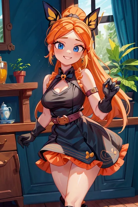 "Masterpiece, best quality, 1 girl, orange long hair, ponytail in hair, blue eyes, standing indoors with intricate details and sunlight. black and yellow frilled dress with short neckline, black gloves, black butterfly belt, earrings, black boots. Sweet sm...