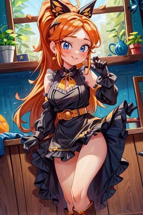 "Masterpiece, best quality, 1 girl, orange long hair, ponytail in hair, blue eyes, standing indoors with intricate details and sunlight. black and yellow frilled dress with short neckline, black gloves, black butterfly belt, earrings, black boots. Sweet sm...