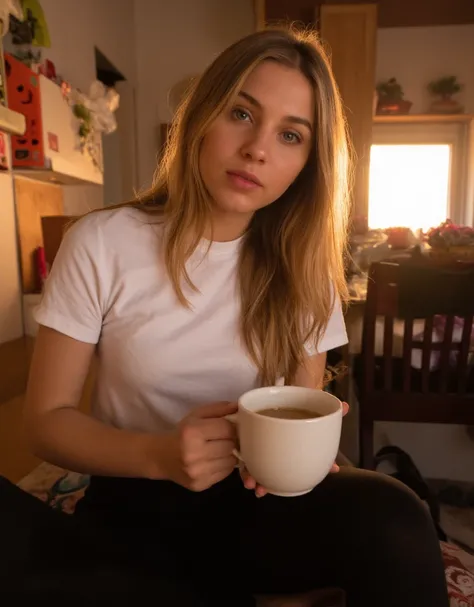 Selfie of a 23-year-old slim woman with long blond long hair and gray-brown eyes,  sitting in the kitchen holding a cup of coffee  .  She is wearing black leggings and a white T-shirt  .  the photo was taken slightly from above in front of her face  , Suns...