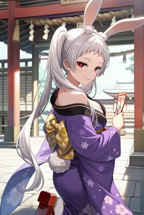 (masterpiece,best quality,ultra detailed,:1.2),CG,a beautiful and Japanese rabbits ears girl,Silky hair,glossy silver hair,Side Pigtails,short bangs,Sexy eyes,round eyes,twinking Red eyes,Seductive smile,Looking back,{{large breasts}},breasts aparted,glamo...