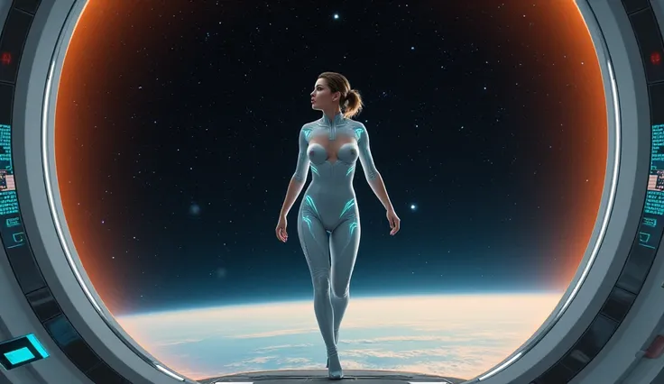 beautiful woman steps out onto a brightly lit observation deck, feeling the pull of space as she is surrounded by starlight wearing a futuristic and sexy spacesuit