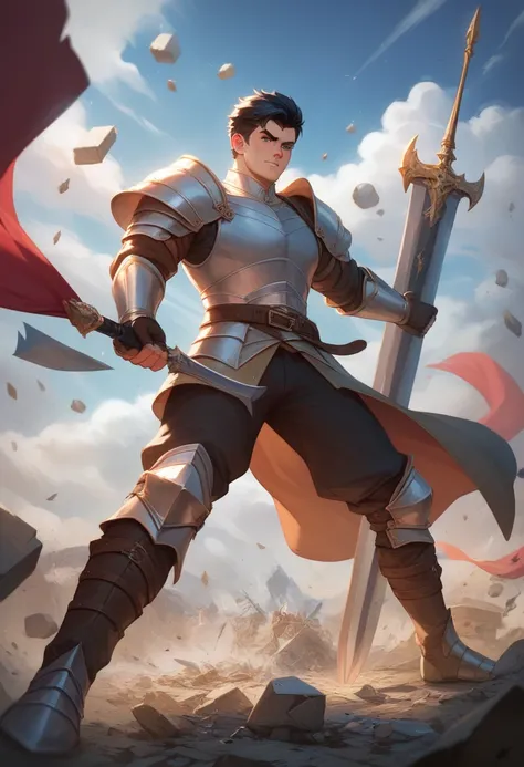 "Create the image of an adult male warrior in a medieval fantasy setting, highlighting the Ravager fighting style. The warrior is holding only a heavy two-handed weapon, a colossal sword, with an aggressive and powerful posture. He wears robust armor, mark...