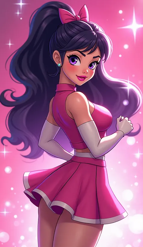 ( Close up ) , ( Close up from top of head to bottom of thigh ), (Carol Ferris from DC Super Hero Girls 2019), (long purplish-black hair ), (ponytail hairstyle), (sparkly purplish-black hair), (purplish-black hair elegant) (Dark purplish-black hair), Carol...