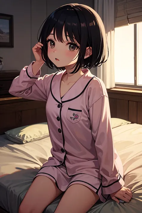  highest image quality taken by Ki、whole、 black hair、 black eyes、 short hair、 girl、 cute、 One Piece Pajamas、 in the room、 on the bed、Waking up、Petite、1 person、 sleepy look after intercourse、 my skirt is turned over、 punch、 underwear