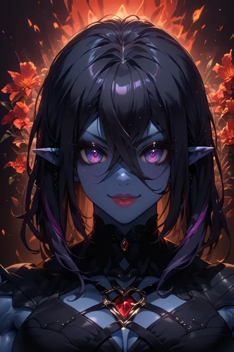 (((dark blue skin))), elf, perfect hands, Tall, Curvy body, Long wavy black hair with purple highlights, giant breasts, giant ass, wide hips, detailed hair, Pretty purple eyes, detailed face, soft face, beautiful face, smiling, detailed eyes, anime eyes, b...