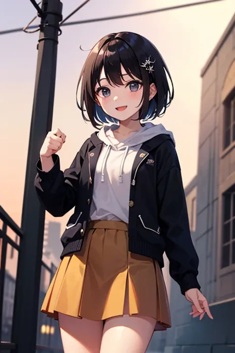  highest image quality taken by Ki、whole、 black hair、 black eyes、 short hair、 girl、 cute、 private clothes、Winter clothes、 fashionable、 skirt、Around town、Petite、 small hair ornament、1 person、 happy expression、 punch