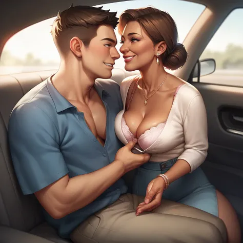 score_9, score_8_up, score_7_up, source_anime, 1man, 1girl, mature indian female is smiling, brown skin, mother and son, teenage adult son, sitting side by side in a car, looking at each other, ((cleavage)), (bra downblouse), (cupping her breast)