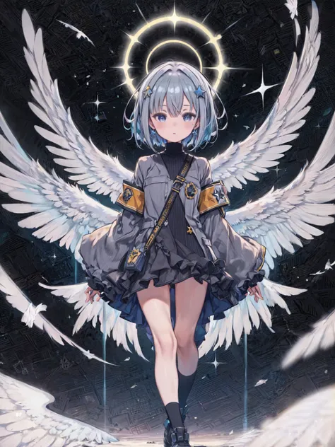 2D,​masterpiece,  top quality ,  Ultra Details, one girl ,  4 Kanata, Star halo, Alone, halo, Angel Wings,  multi-colored hair,  asymmetrical hair ,  single hair intake,  purple eyes, Armband,  short hair,  blue hair,  gray hair, socks,  Long Sleeve ,  gra...