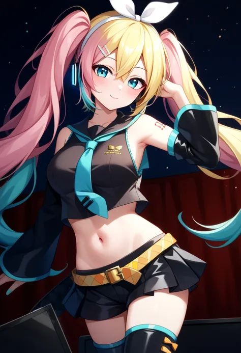 score_9, score_8_up, score_7_up,score_6_up, score_5_up, score_4_up , 1girl, solo, ((SPLIT-COLOR HAIR)), ((blonde hair)), ((aqua hair)), ((pink hair)), large breasts, luka megurine, blue eyes, headphones, long hair, pink hair, arm warmers, armband, bare sho...