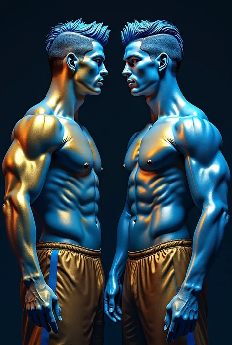 Ronaldo, the two real people, have their whole body painted in a glossy blue-gold color、Glossy blue-gold face and blue-gold hair 、 muscular、 body paint from hair to toes 、Take off your clothes and stand with your crotch、 hide your lower body that is hangin...