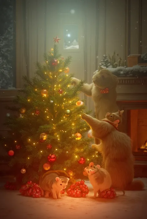  Kitty family decorating the Christmas tree :  The cat daddy places the star on the top of the tree ,  while the mother cat organizes the lights and the two puppies play with ornaments on the floor. The living room is cozy ,  with a fireplace in the backgr...