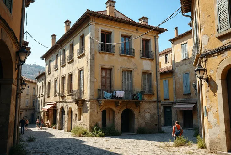 50mm, Bâtiment provençal de Marseille de 3 étages pas tres bon état,  devant une place de vilage provençal, une  petite ruelle en virage, tout petit village douvriers, année 1965