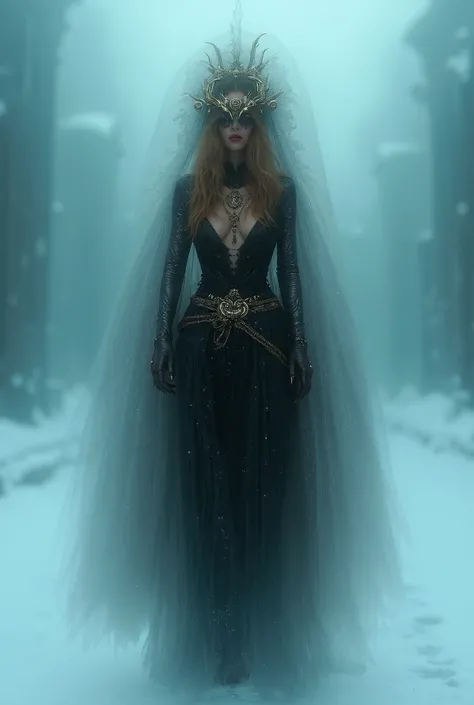 Femme déesse super sexy en tenue latex et légèrement steampunk avec un sceptre de glace étrange et légèrement steampunk qui marche dans la neige, arrière plan ville gothique lointaine sous la neige, beaucoup de détails, beaucoup dornements 