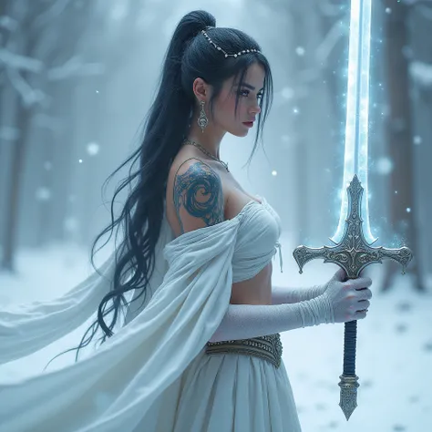 1girl, Solo, she have attractive,hot and sexy body, absurdle long hair, background Frost, fantasy world, frozen clothes, tattooed body, earring jewelries, 8k, hd, bandages covering our body, snow woman, white Aura coming from her body, chest armour, clothe...